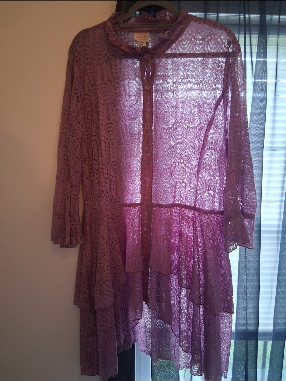 Sheer Lace Tiered Button-Front Tunic in Dusty Mauve